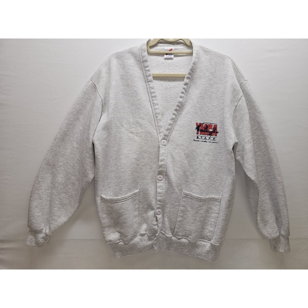 VTG 90s Jerzees YMCA Staff Cardigan Sweater Gray OS